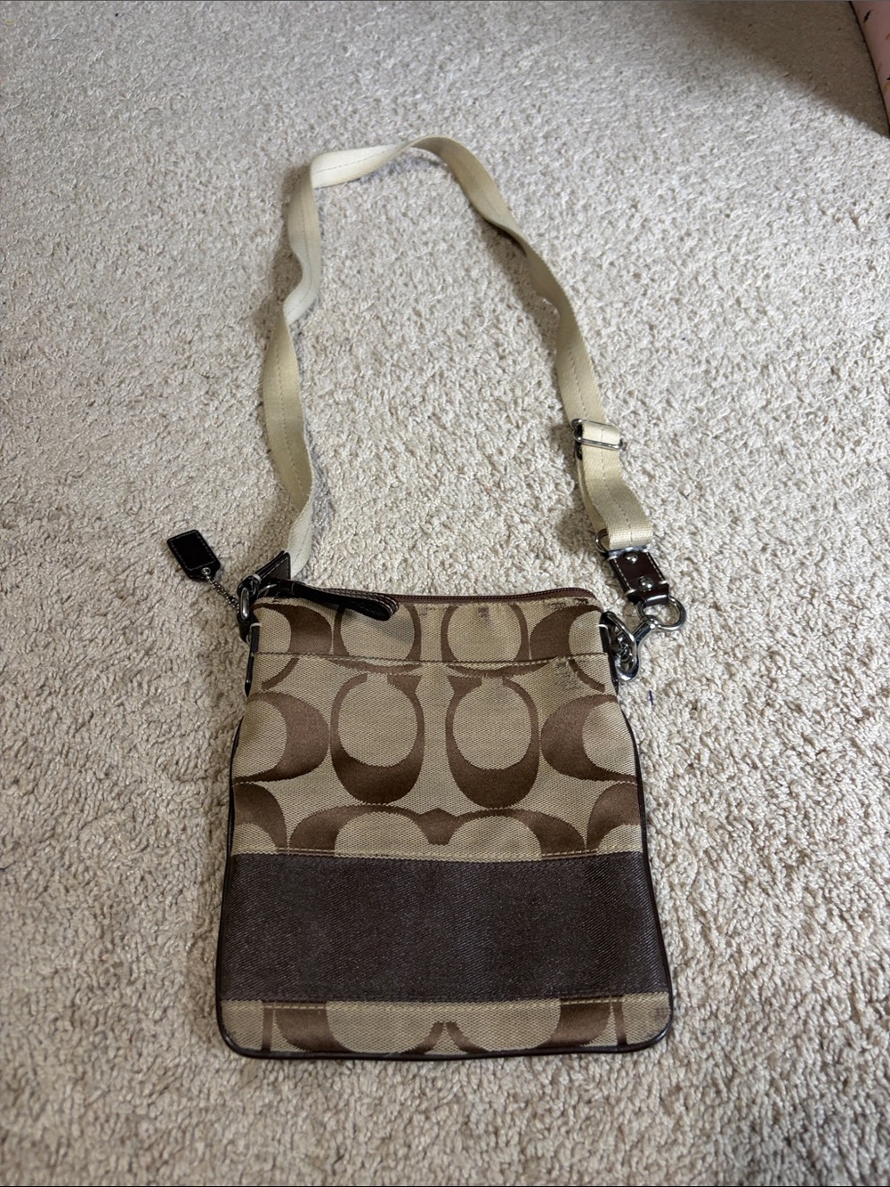 Coach Monogram Swing Pack Shoulder Bag Brown Beige Crossbody Purse